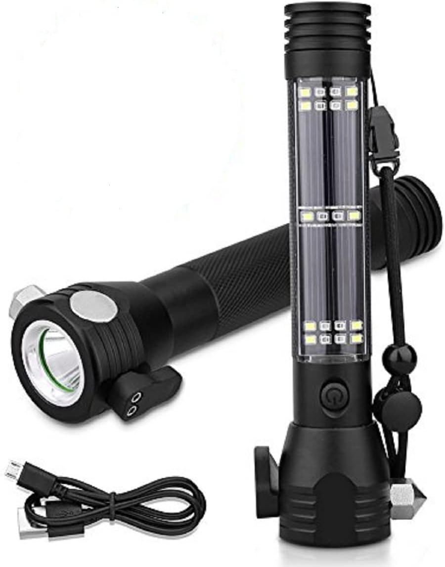 Solar Powered LED Car Flashlight - Multi-Function Solar Escape Rescue Flashlight, USB and Solar Charger, Portable for Hiking, Camping, Traveling