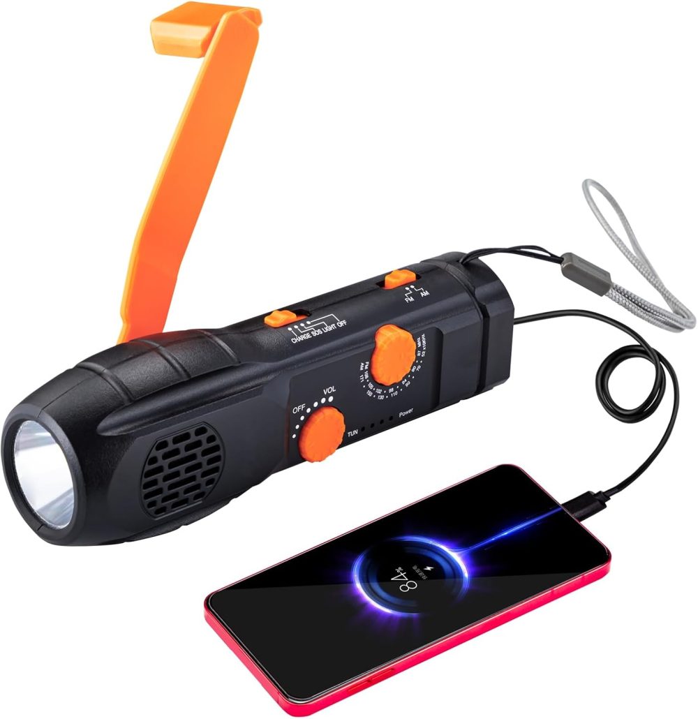 Hand Crank Flashlight with Emergency Radio Phone Charger, Portable Dynamo SOS LED Torch Rechargeable USB Charging Handheld LED Flashlights Built-in Loudspeaker for Camping Hiking Gift