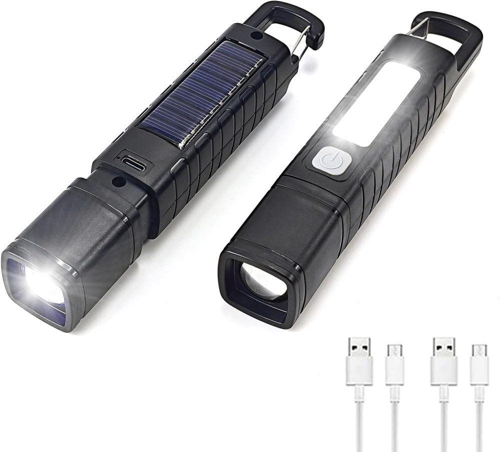 2 Pack Solar Flashlight, Rechargeable Zoomable LED Flashlight, High Lumens Solar Powered Flashlights with Tail Hook Rechargeable Handheld Flashlights for Home Emergency Camping Hiking