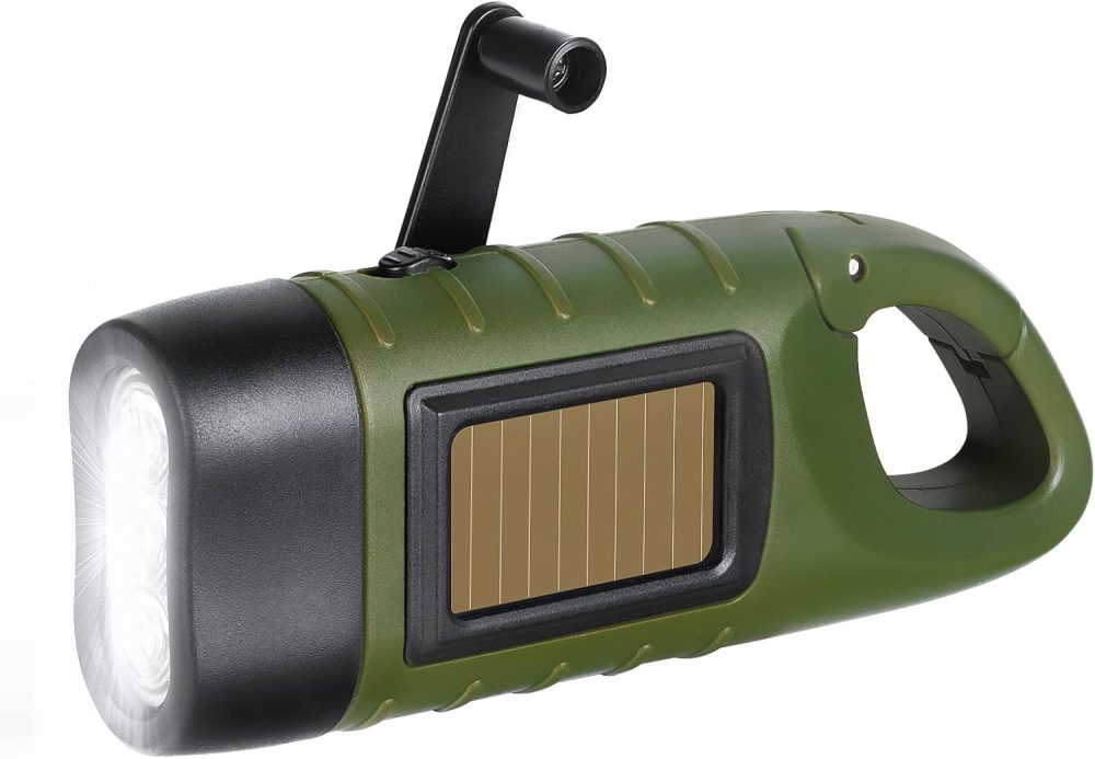 Hand Crank Solar Powered Flashlights,Compact Emergency Rechargeable LED Flashlight Handheld Survival Flashlight,Quick Snap Carbiner Dynamo Flashlight for Outdoor,Sports,Hiking-Army Green