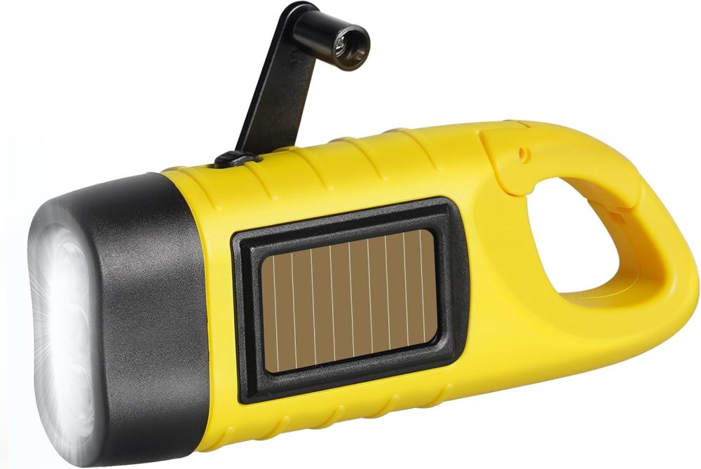 Hand Crank Solar Powered Flashlights,Compact Emergency LED Flashlight Handheld Survival Flashlight,Quick Snap Carbiner Dynamo Flashlighting for Outdoor,Sports,Hiking (1 Pack-Yellow)