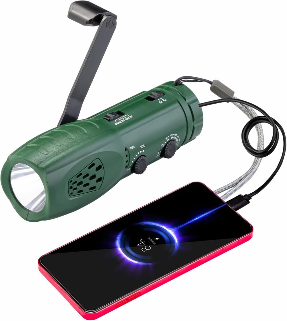 Hand Crank Flashlight with Emergency Radio LED Torch Phone Charger, Portable Dynamo SOS Rechargeable USB Charging Handheld LED Flashlights Built-in Loudspeaker for Camping Hiking Gift