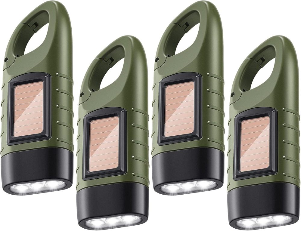 4 Pieces Hand Crank Solar Powered Flashlight LED Rechargeable Flashlight Survival Emergency Hand Crank Lantern Snap Carabiner Torch for Outdoor Sports Camping Hiking