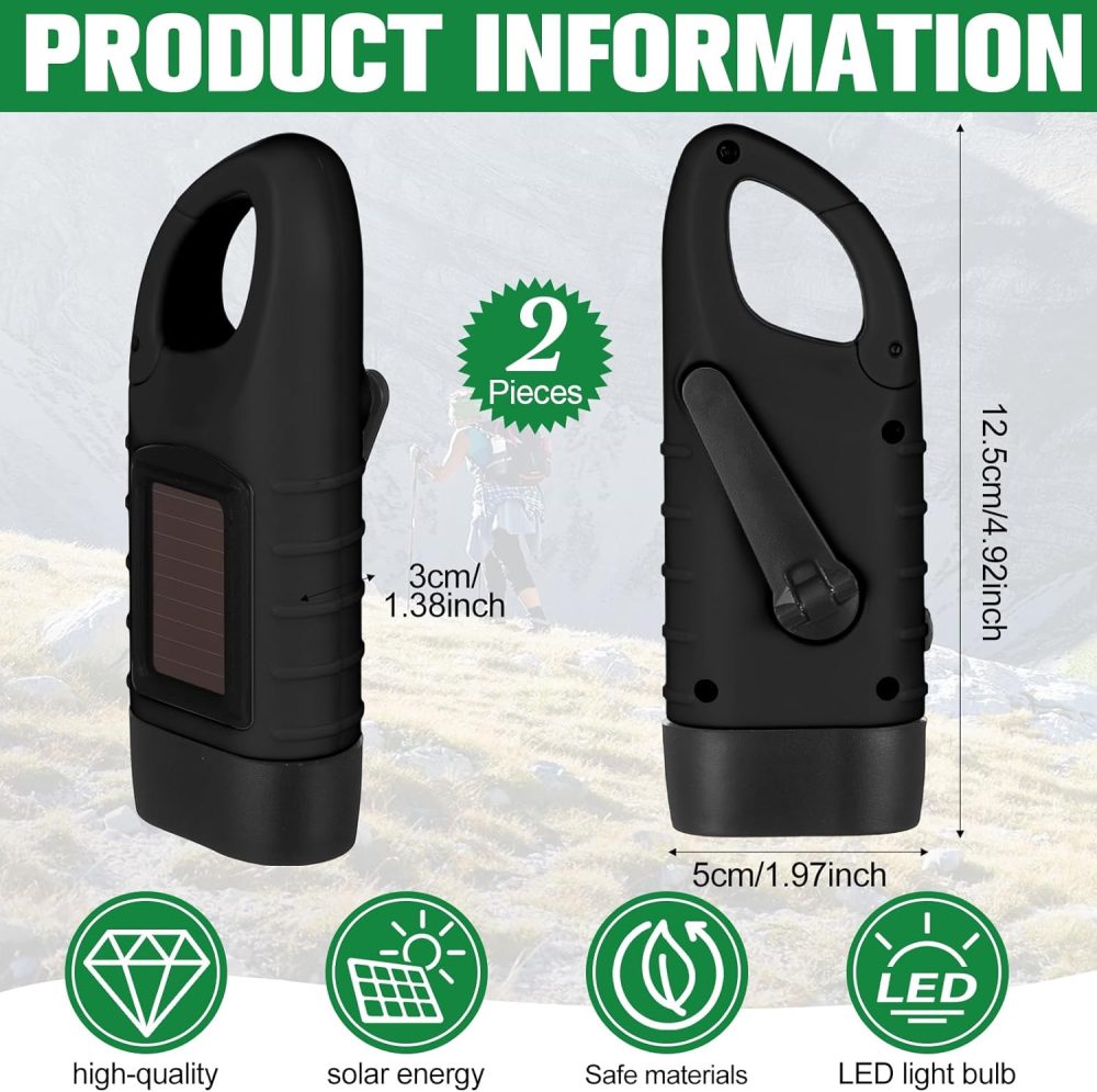 2 Pieces Hand Crank Solar Powered Flashlight Emergency Rechargeable LED Survival Light Dynamo Flashlight Torch for Outdoor Sports Hiking Camping - Image 2