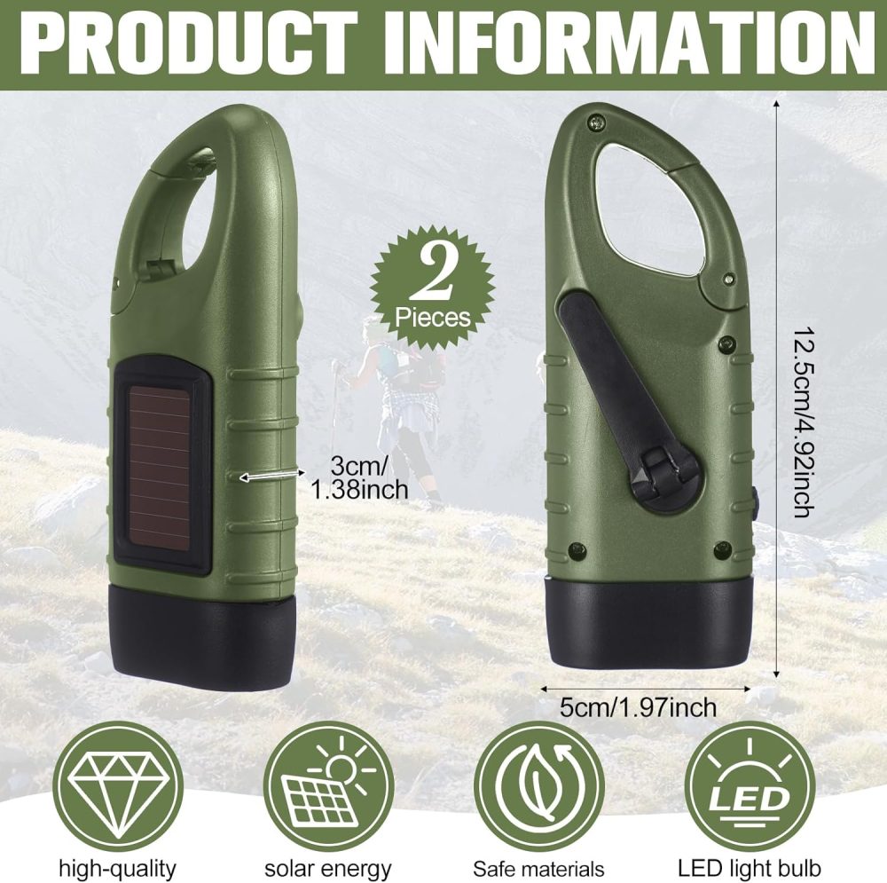 2 Pieces Hand Crank Solar Powered Flashlight Emergency Rechargeable LED Survival Light Dynamo Flashlight Torch for Outdoor Sports Hiking Camping - Image 2