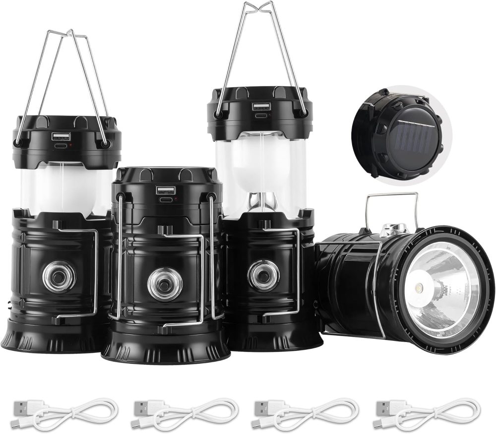 Collapsible Portable Solar Camping Lantern, USB Rechargeable LED Flashlight - Survival Kits for Power Outages Hurricane Supplies Emergency, Indoor & Outdoor, 4-Pack