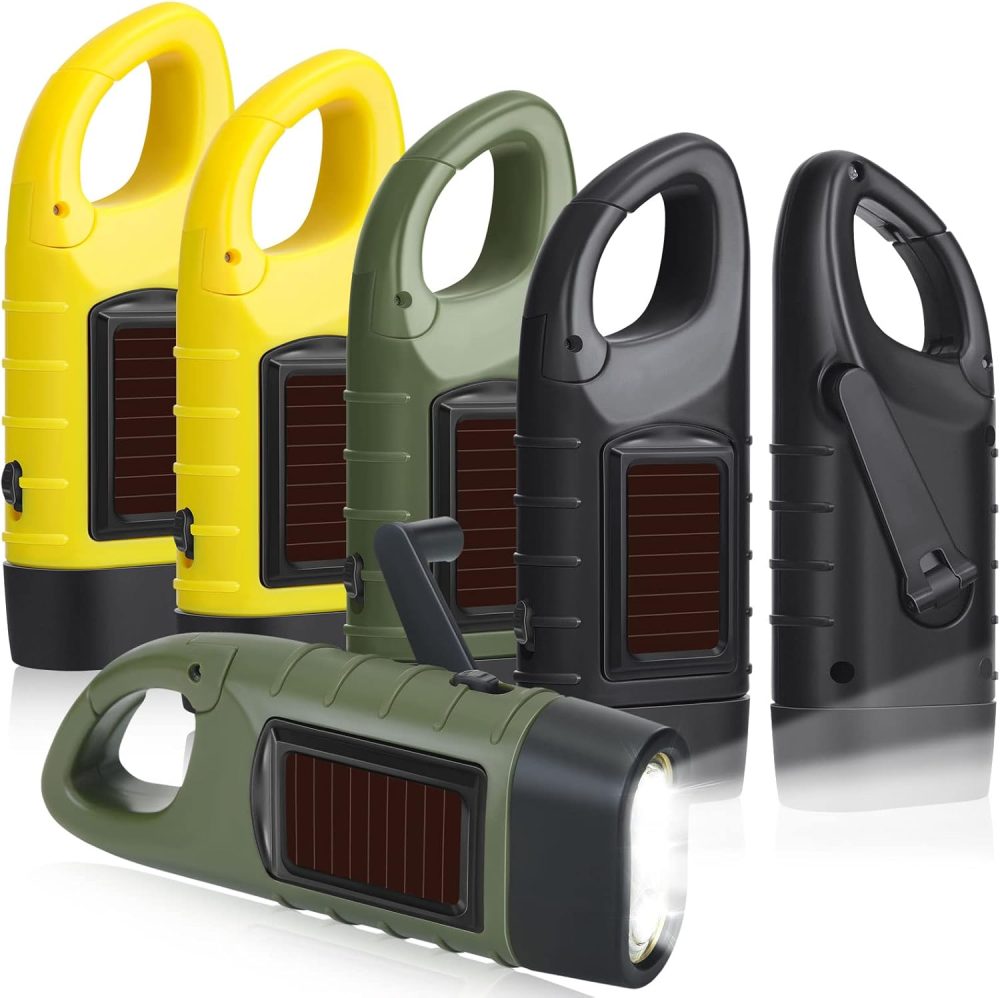 6 Pcs Hand Crank Solar Powered Flashlights Emergency Rechargeable LED Handheld Flashlights for Survival Gear Outdoor Sports Camping Hiking Backpack Safety(Green Yellow Black)