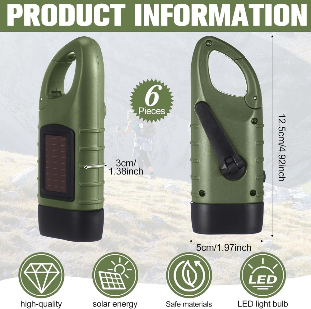 6 Pcs Hand Crank Solar Powered Flashlights Emergency Rechargeable LED Handheld Flashlights for Survival Gear Outdoor Sports Camping Hiking Backpack Safety (Green) - Image 2