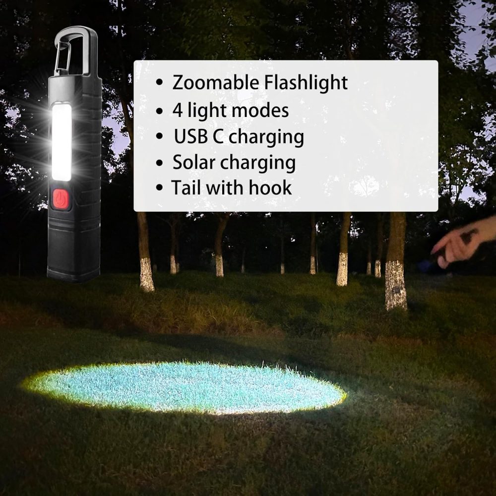 2 Pack Solar Flashlight, Rechargeable Zoomable LED Flashlight, High Lumens Solar Powered Flashlights with Tail Hook Rechargeable Handheld Flashlights for Home Emergency Camping Hiking - Image 2