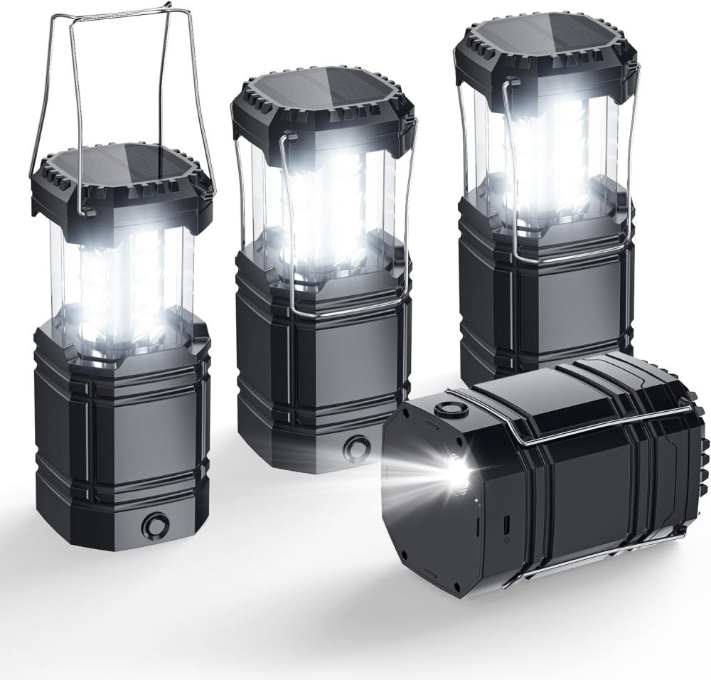 Solar Camping Lantern 4 Pack, Rechargeable LED Lantern with Flashlight, USB-C & Solar Powered, Collapsible Emergency Lights for Hurricane, Power Outages, Outdoor Use