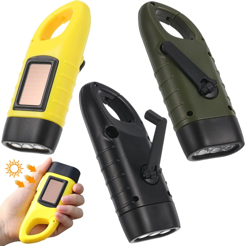 3 Packs Hand Crank Solar Powered Flashlight Emergency Rechargeable LED Flashlight Survival Gear Self Powered Charging Torch Manual Dynamo for Fishing Hiking Backpack Camping Home Safety