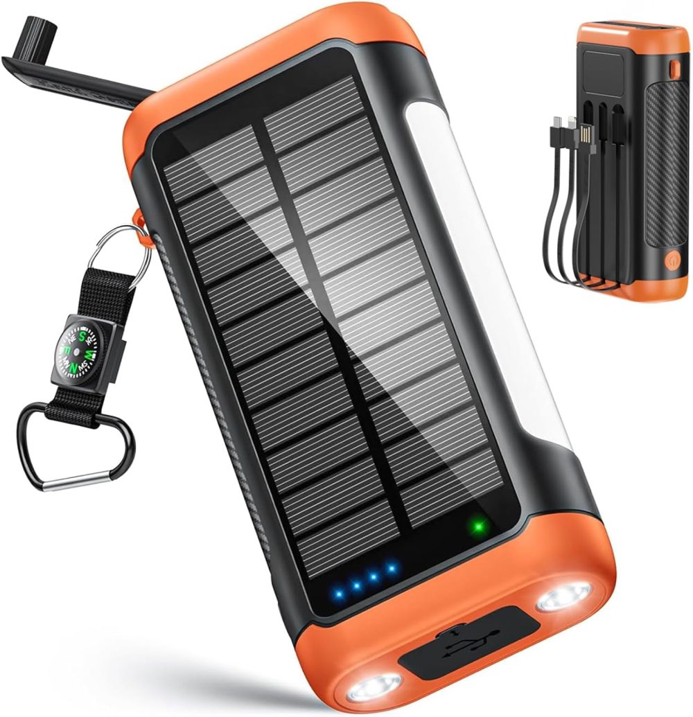 Solar Power Bank Portable Charger:66800mAh Built in Hand Crank and 3 Cables 22.5W Fast Charging Phone External Battery Pack(5 Outputs & 5 Inputs) with Camping Flashlights/Table Lamp/Compass