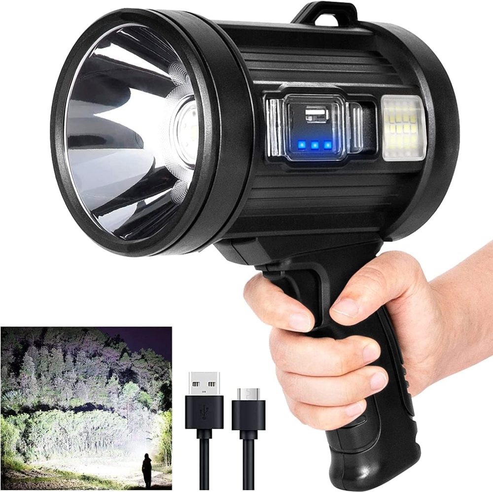 Rechargeable Spotlight, 90,000 Lumens Handheld Hunting Flashlight Led Spot Light with Cob Light and Solar Panels, Lightweight and Super Bright Spotlight for Hunting Boating Camping