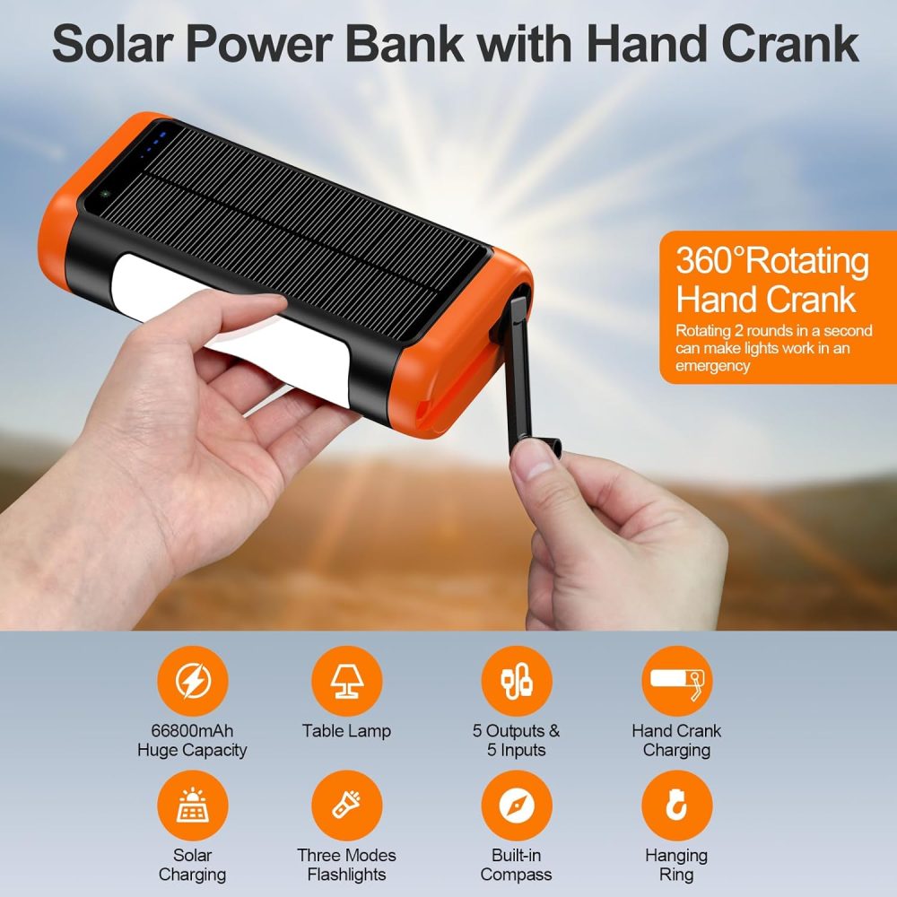 Solar Power Bank Portable Charger:66800mAh Built in Hand Crank and 3 Cables 22.5W Fast Charging Phone External Battery Pack(5 Outputs & 5 Inputs) with Camping Flashlights/Table Lamp/Compass - Image 2