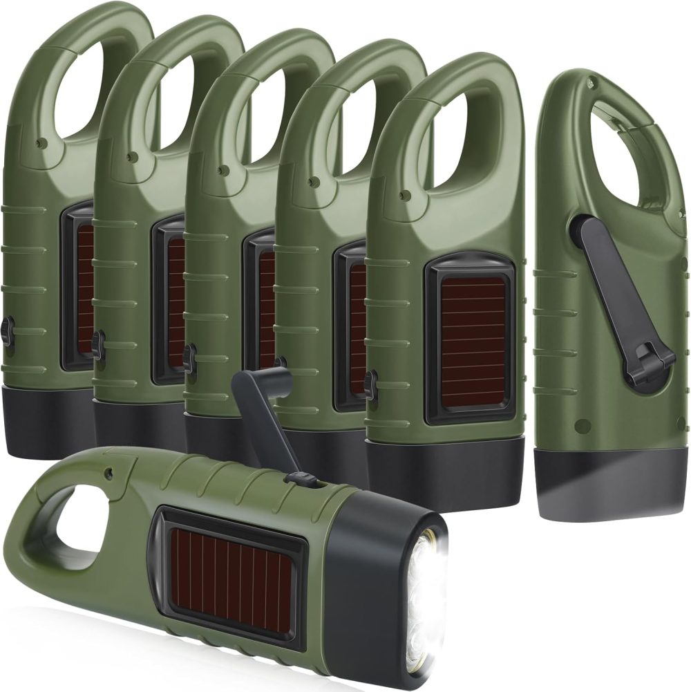 6 Pcs Hand Crank Solar Powered Flashlights Emergency Rechargeable LED Handheld Flashlights for Survival Gear Outdoor Sports Camping Hiking Backpack Safety (Green)