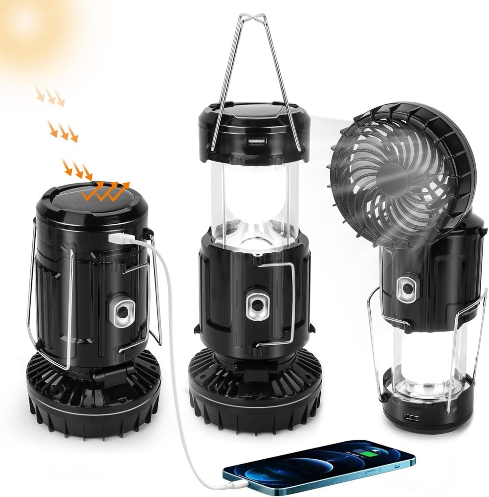 Upgrade Solar Powered Camping Lantern with Fan - Stay Cool and Well-lit During Outdoor Adventures with This Versatile Lantern Featuring a Built-in Fan for Added Comfort.