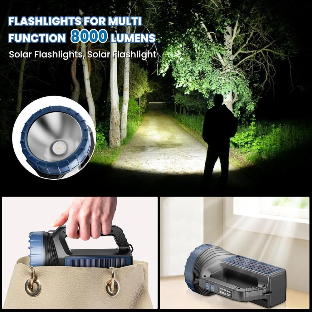 Solar Flashlight,Solar Powered Flashlight for Multi Function 8000 Lumens with Emergency,Portable Bright Camping Rechargeable Flashlights for Home, Outdoor Hiking, Power Outages - Image 2