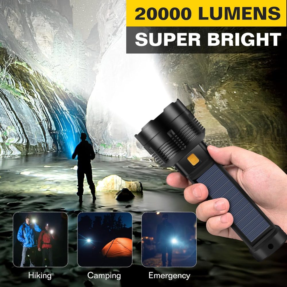 2 Pack LED Rechargeable Flashlight - 20000 Lumens Super Bright Tactical Flash Light, Compact & Waterproof, Long-Lasting Battery, Solar Flashlights for Home, Camping,Hiking, Emergencies, Adventures - Image 2