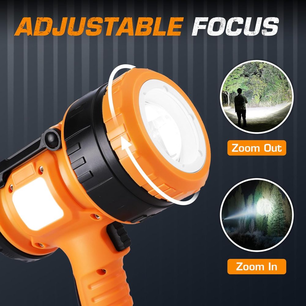 Zoomable Rechargeable Spotlight with Foldable Stand, Handheld LED Spotlight Flashlight with 5 Modes, 600M Range, Spot Light for Hunting Boating Camping Hiking Outdoors Searching, 1200 Lumens - Image 2